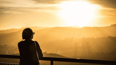 person looking at a bright sunset