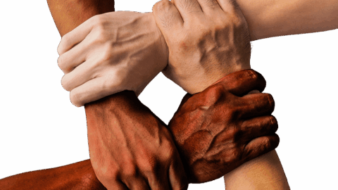 Four hands grabbing each others' wrists