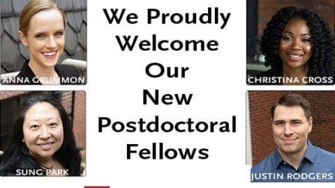 Photos of Anna Grummon, Christina Cross, Sung Park, and Justin Rodgers with the text "We proudly welcome our new postdoctoral fellows"