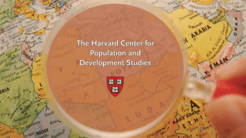Map of countries with a magnifying glass hovering over them with the Harvard Center for Population and Development Studies logo layered on top