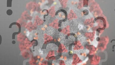 COVID-19 virus with question marks layered on top of it