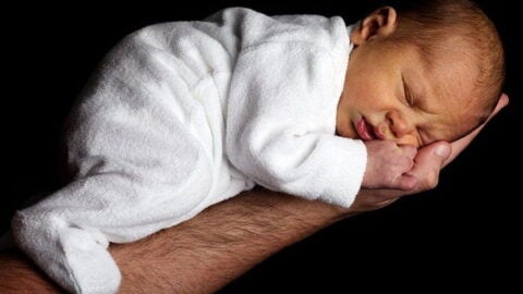 Newborn baby sleeps on the forearm of a man