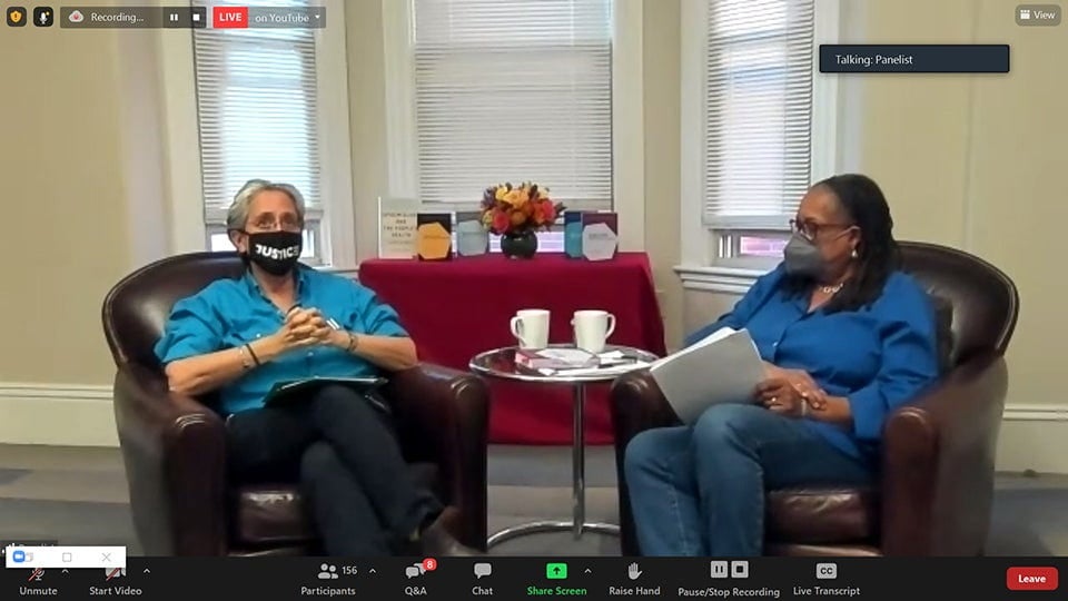Nancy Krieger and Professor Evelynn Hammonds in conversation, both wearing masks