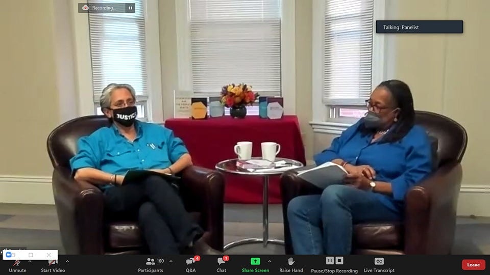 Nancy Krieger and Professor Evelynn Hammonds in conversation, both wearing masks
