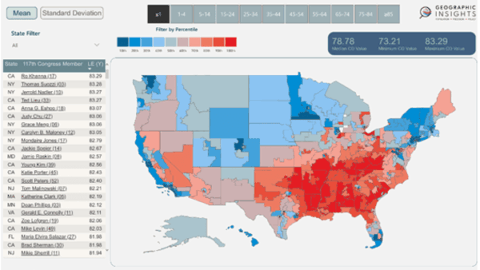 Dashboard showing life expectancy by U. S. Congressional District
