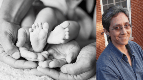 Head shot of Nancy Krieger and Black infant feet in hands of parent