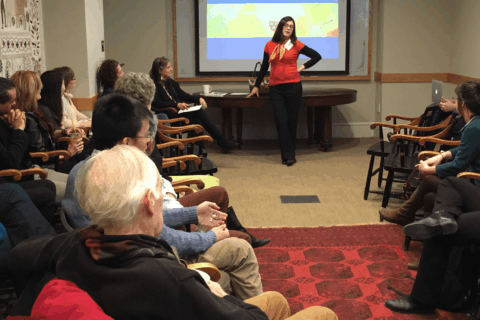 Gathering of faculty at chocolate tasting event