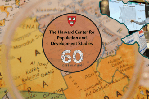 Collage of postdoctoral fellows and Harvard Pop Center logo