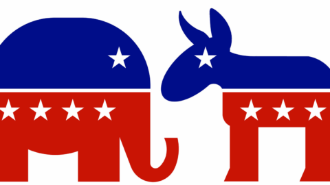 Two political parties represented by elephant and donkey
