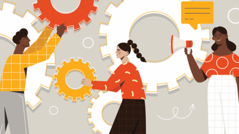 Illustrations of people turning cogs in a wheel