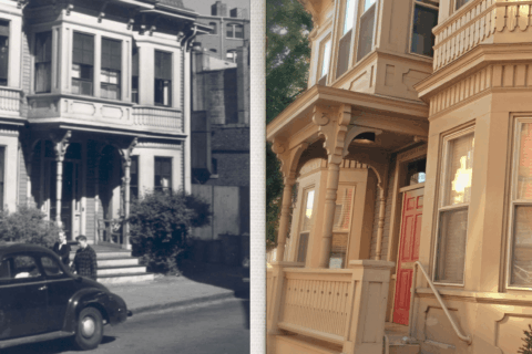 Black and white photo of 9 Bow Street next to colored photo of current building