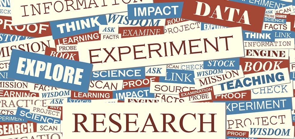 Collage of words relating to Data and research